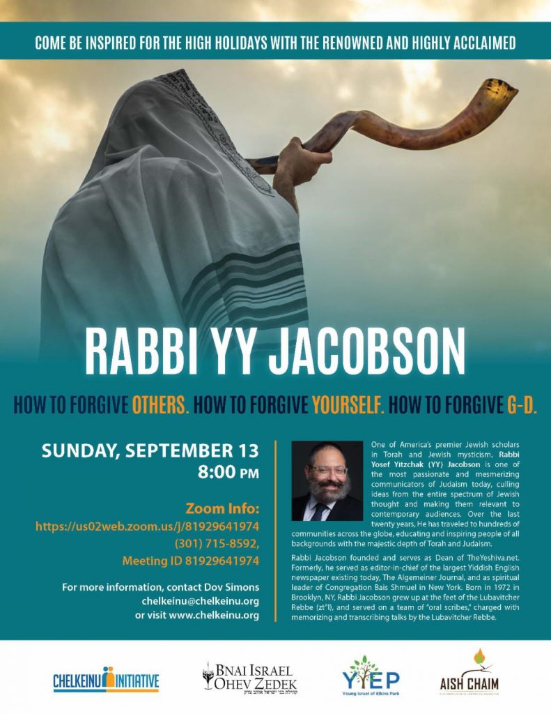 Rabbi YY Jacobson shiur on Zoom September 13th at 8pm.